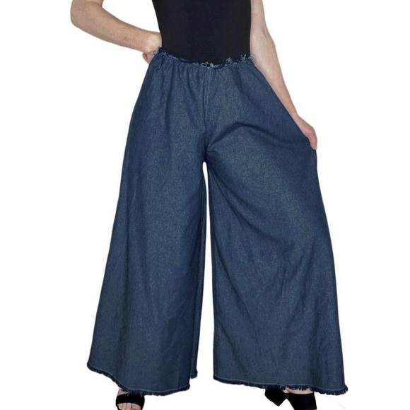 Alma Mia Dark Denim Chambray Super Wide Leg High Rise Jeans
